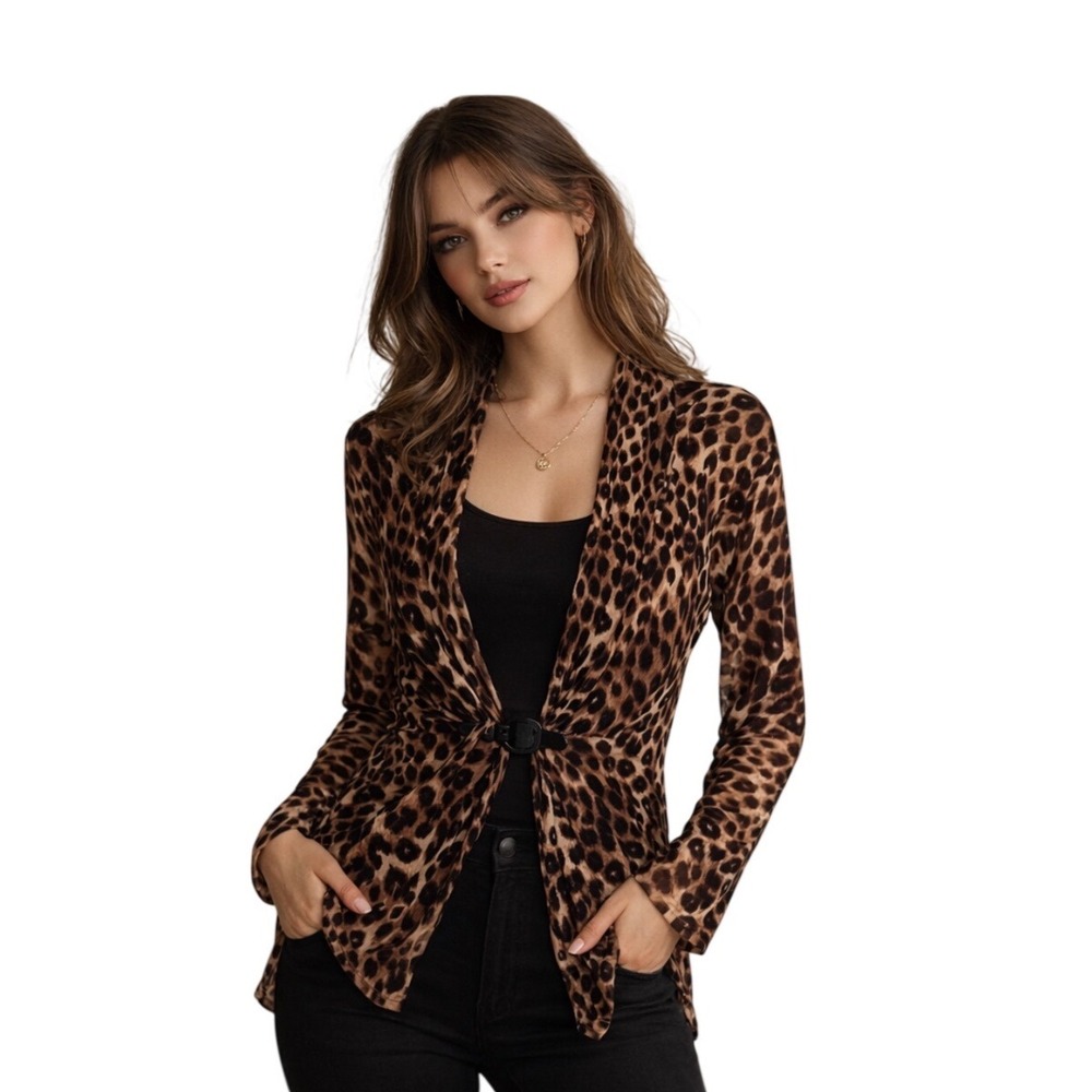 Classic Animal Print Leopard‎ Silk Cardigan Sweater Belt Tie Front Women's XL